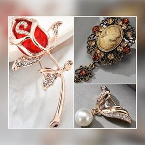 Vintage Style Cameo Rose Pearl Brooch Bundle • Rhinestone Gold Tone • Set of 3